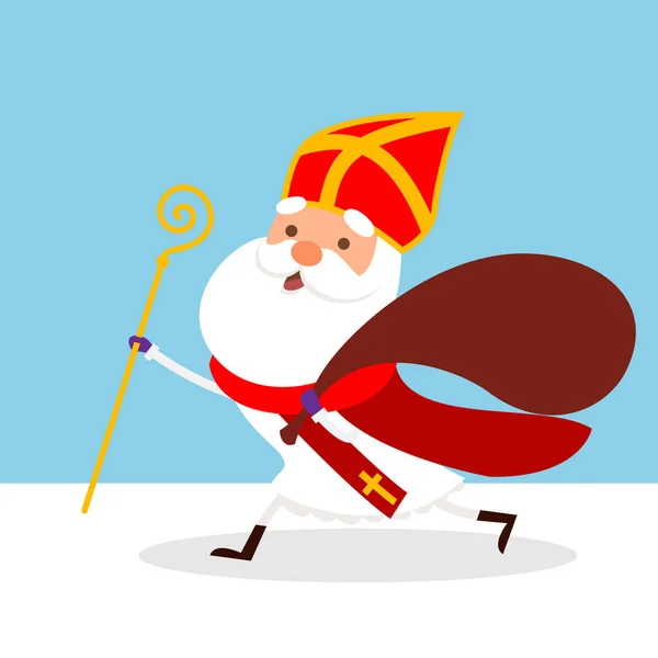 Mignon Saint Nicolas Courir Ville Avec Sac Cadeau Illustration Vectorielle — Image vectorielle