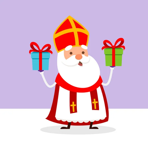 Schattige Sint Nicolaas Met Twee Geschenken Vector Illustratie — Stockvector