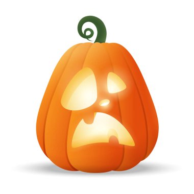 Cadılar Bayramı Jack O Lantern 'in ışıldayan kabağı. Yüzünde komik bir ifade var. Saydam arkaplanda izole edilmiş.