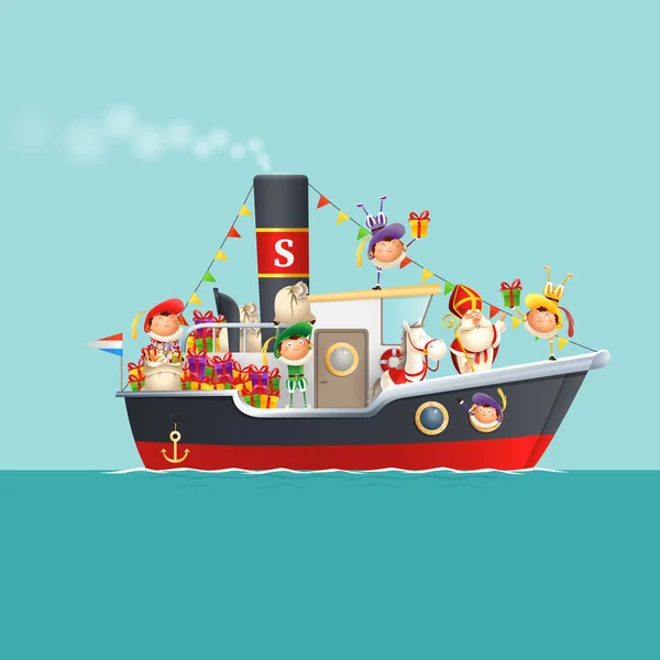 Sinterklaas Arrive Ville Avec Des Enfants Sur Bateau Vapeur Célébration — Image vectorielle