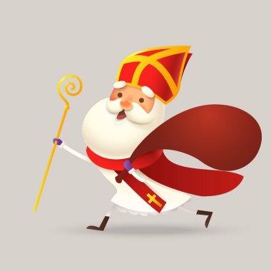 Şirin Aziz Nicholas ya da Sinterklaas hediye çantasıyla kasabaya koşuyor - vektör çizimi