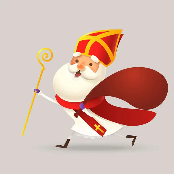 Şirin Aziz Nicholas Sinterklaas Hediye Çantasıyla Kasabaya Koşuyor Vektör Çizimi — Stok Vektör