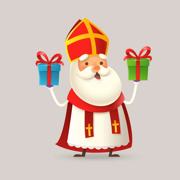 Cute Saint Nicholas Atau Sinterklaas Dengan Dua Hadiah Gambar Vektor - Stok Vektor