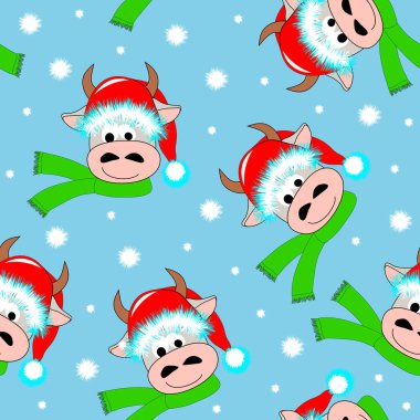Noel Baba şapkalı, eşarplı ve kar taneli boğaların kafalarının olduğu kusursuz mavi desenli yeni yıl. Vektör çizimi. Paketleme, kumaş, Yeni Yıl / Noel kartpostalı, duvar kağıdı, hatıra defteri.