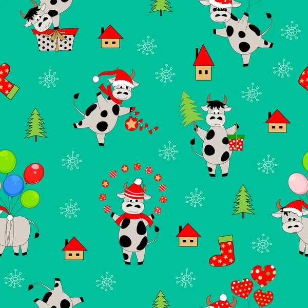 Año Nuevo Fondo Sin Costuras Navidad Con Conjunto Varios Toros — Vector de stock