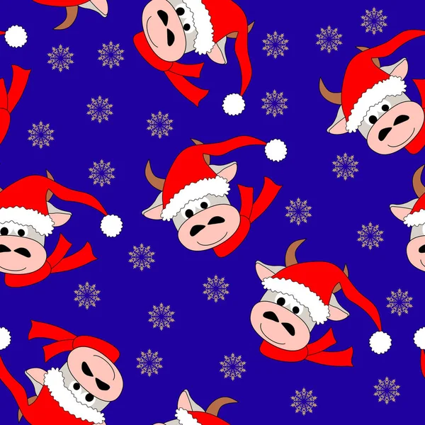 New Year Christmas Seamless Dark Blue Pattern Heads Funny Bulls — Stock Vector