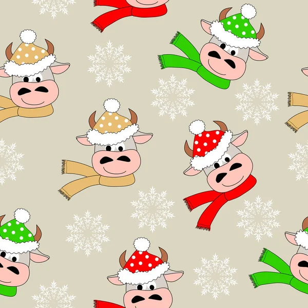 New Year Christmas Seamless Pattern Heads Cute Bulls Different Hats — стоковый вектор