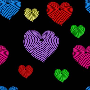 Siyah arka planda çizgili çok renkli optik illüzyonlar şeklinde kalpler. Kusursuz desen. Vektör illüstrasyonu.