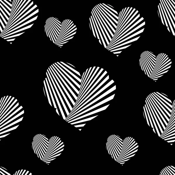 Valentinstag Nahtloser Schwarz Weißer Hintergrund Mit Gestreiften Schwarzen Herzen Vektorillustration — Stockvektor