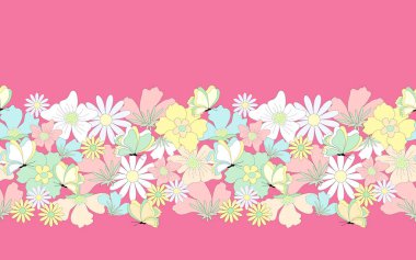 Pastel renklerde, kusursuz çiçek sınırı. Büyük egzotik çiçekler ve koyu pembe arka planda kelebekler. Moda tasarımı, dekorasyon dilekleri, hatıra defteri, tebrik kartları ve daha fazlası için. Vektör.