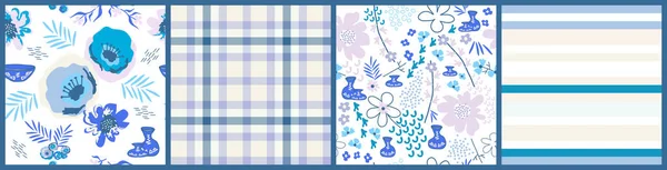 Kolekce Bezešvých Vzorů Primitivními Ručně Kreslenými Květinami Skotským Čtvercem Pruhy — Stockový vektor