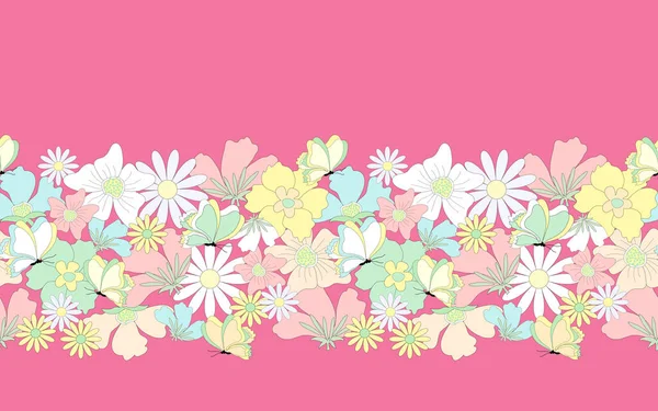 Бесшовные Цветочные Рамки Пастельных Тонах Большие Экзотические Цветы Бабочки Темно — стоковый вектор