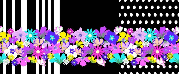 Варианты Бесшовной Цветочной Границы Большими Тропическими Цветами Бабочками Черном Полосатом — стоковый вектор