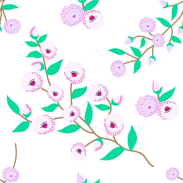 Симпатичный Цветочный Безморщинистый Узор Розовыми Лиловыми Пунктирными Цветками Белом Фоне — стоковый вектор