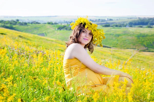 Retrato de una hermosa mujer embarazada en el campo — Foto de Stock