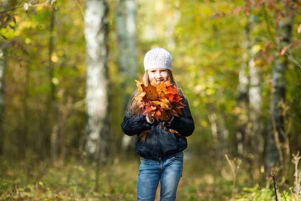 Belle fille avec un tas de feuilles — Photo