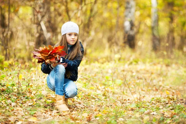 Krásná dívka s hromadou listí — Stock fotografie