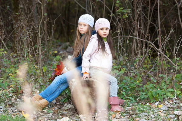 Zwei schöne Mädchen mit Baskenmütze sitzen auf Baumstamm posieren — Stockfoto