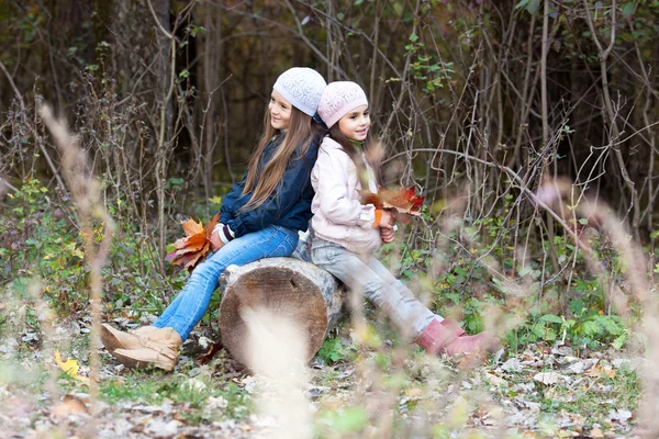 Zwei schöne Mädchen mit Baskenmütze sitzen auf Baumstamm posieren — Stockfoto