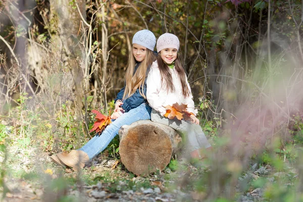 Twee mooie meisjes dragen een baret zittend op logboek poseren — Stockfoto