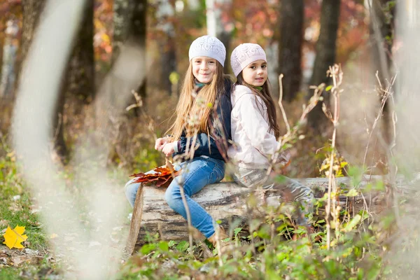 Duas meninas bonitas vestindo uma boina sentado no log posando — Fotografia de Stock