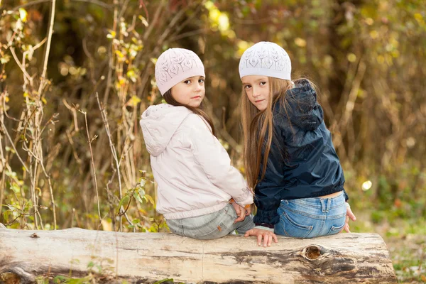 Duas meninas bonitas vestindo uma boina sentado no log posando — Fotografia de Stock