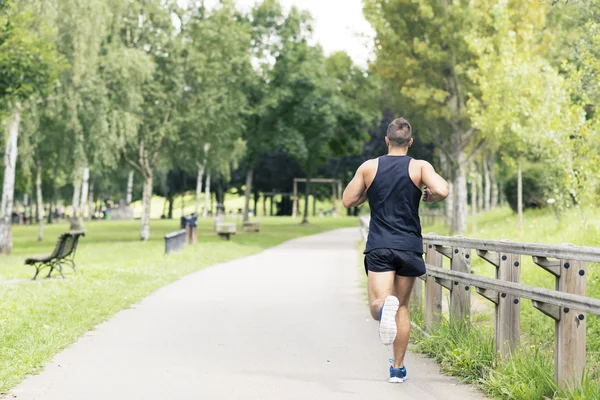 健壮的男人，跑步和锻炼在公园里，健康的生活方式的概念. 图库图片