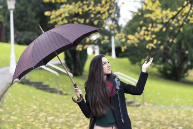Şemsiye sonbahar Park güzel zarif genç kadınla.
