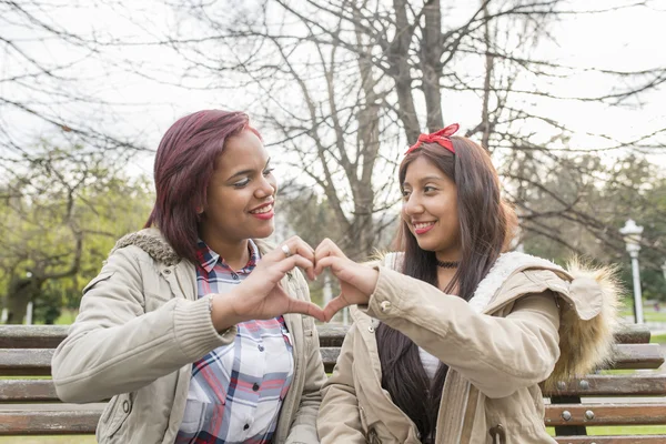 Dos hermosas mujeres sonrientes mostrando el corazón con sus dedos . Imágenes de stock libres de derechos