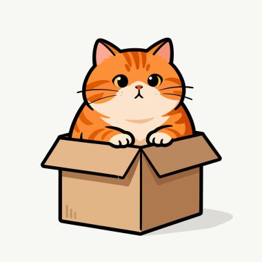 Bir ep dosyası eşliğinde karton bir kutuda oynayan sevimli bir turuncu kedi tasviri, bu resim tekrar düzenlenebilir ve kitaplar, posterler, tişörtler vs. için kullanılabilir.