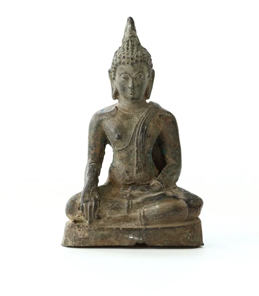 Buddha-Statue altes Metall antik auf weißem Hintergrund. — Stockfoto