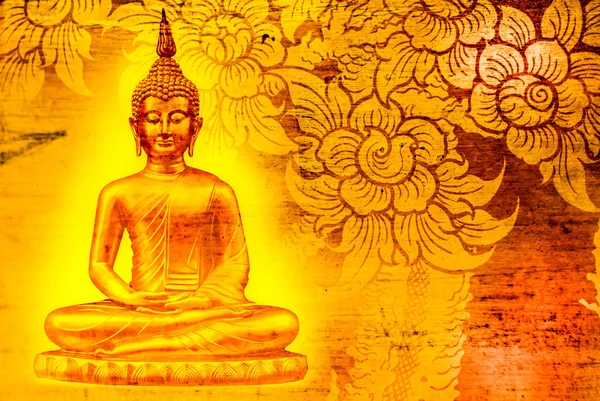 Guld Buddha staty på gyllene bakgrund mönster thailand. — Stockfoto