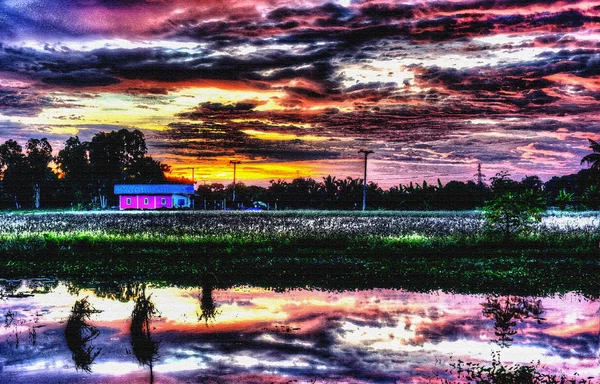 ग्रामीण भागात पाणी रंग चित्रकला सूर्यास्त . — स्टॉक फोटो, इमेज