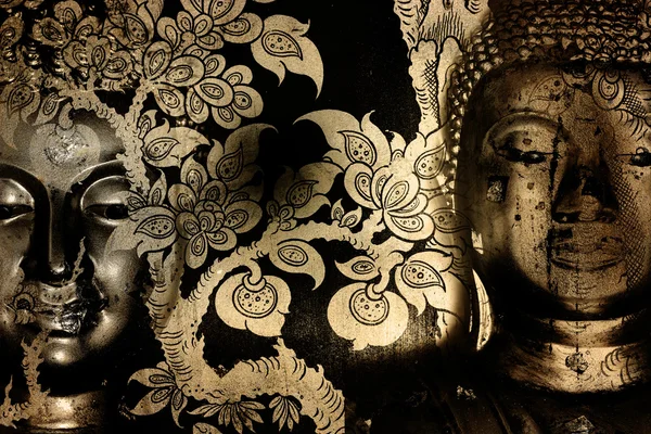 Buddha gold statue on golden background patterns Thailand. — Stock Fotó