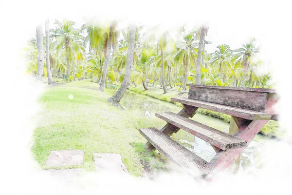 The old wooden bridge in garden watercolor painting. — Stock Photo, Image