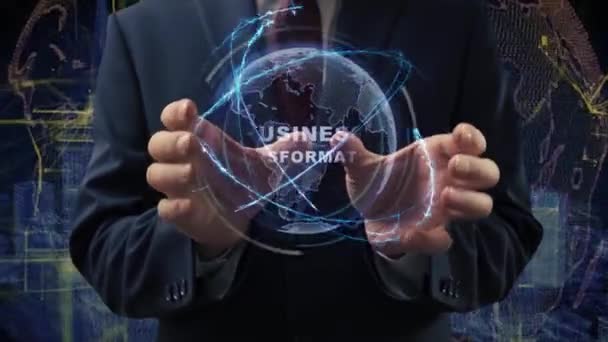 Male hands activate hologram Business Transformation — Stock Video