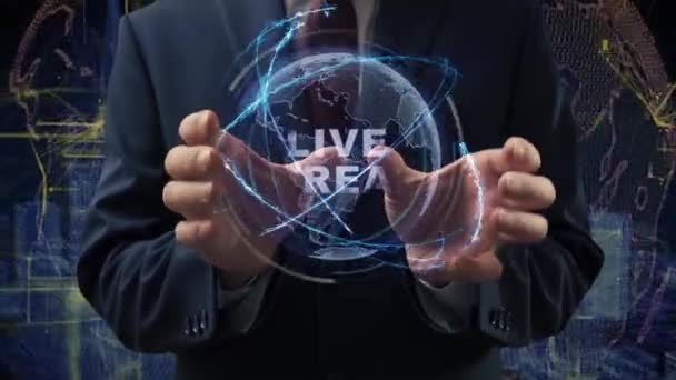 Tangan pria mengaktifkan hologram Live Stream — Stok Video