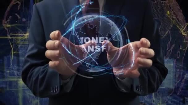 Male hands activate hologram Money Transfer — Stock Video