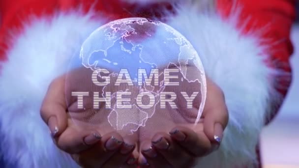 Mani che tengono il pianeta con testo Teoria dei giochi — Video Stock