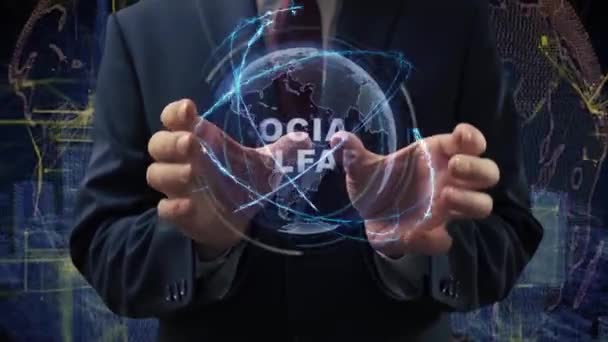 Férfi kéz aktiválja hologram Szociális jólét — Stock videók