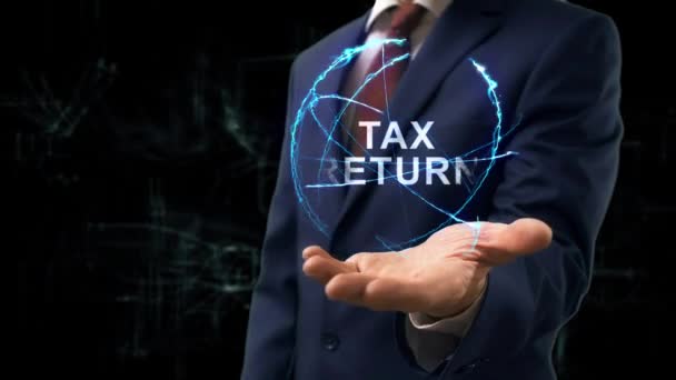 Unternehmer zeigt Konzept-Hologramm Steuererklärung — Stockvideo