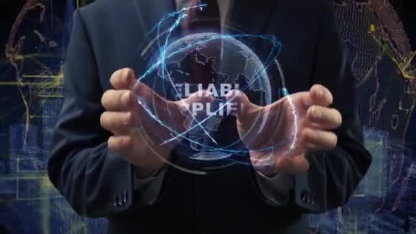 Manliga händer aktiverar hologram Tillförlitliga leverantörer — Stockvideo