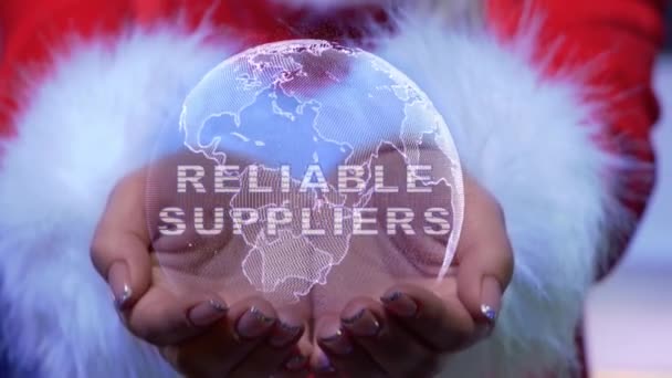 Händerna håller planeten med text Tillförlitliga leverantörer — Stockvideo