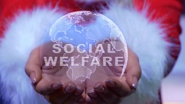 Tangan memegang planet dengan teks kesejahteraan sosial — Stok Video
