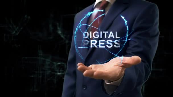 Businessman shows concept hologram Digital Press — Stock Video