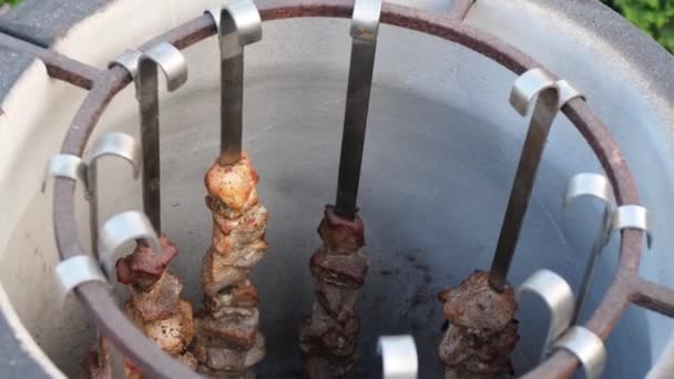 Готовить мясо в огне в тандыре — стоковое видео