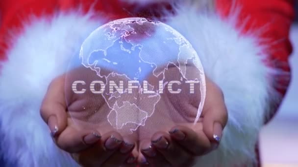 Handen vasthouden planeet met tekst Conflict — Stockvideo