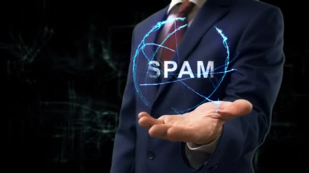 Επιχειρηματίας δείχνει έννοια ολόγραμμα Spam — Αρχείο Βίντεο