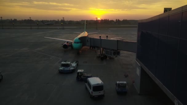 Flugzeuge bei Sonnenaufgang am Flughafen — Stockvideo