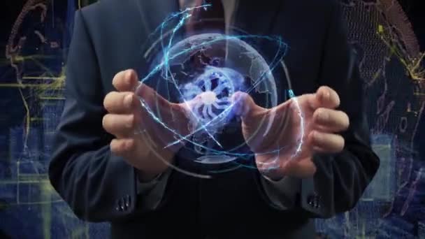 Male hands activate hologram rotating car wheel — Stock Video